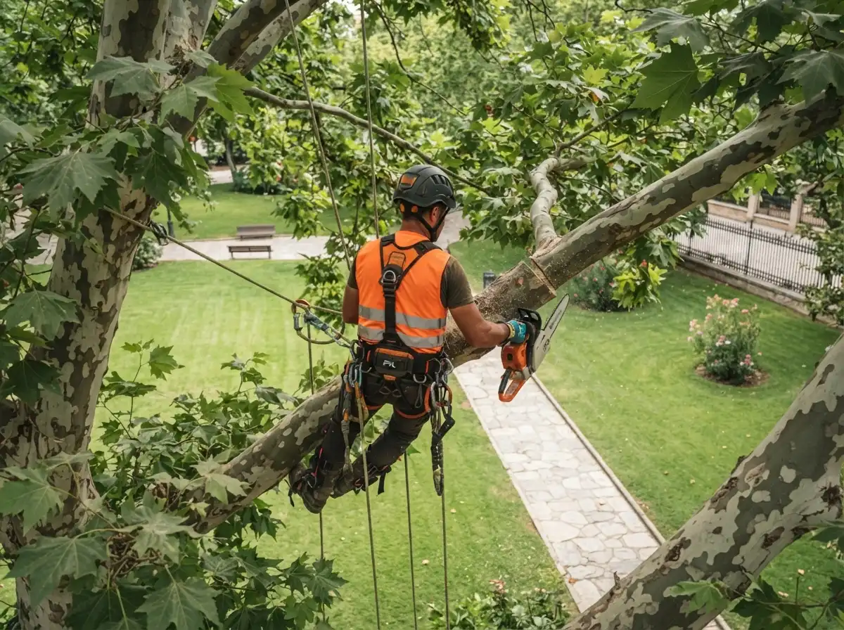 Arborista con arnés naranja y casco podando con motosierra un árbol de hoja caduca en un parque durante un trabajo de poda de árboles.