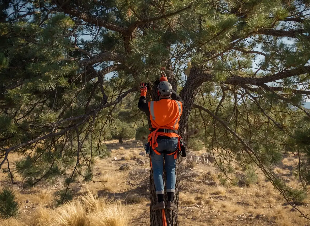 Arborista con arnés naranja y casco suspendido en la copa de un pino carrasco grande durante una poda de seguridad en una parcela.
