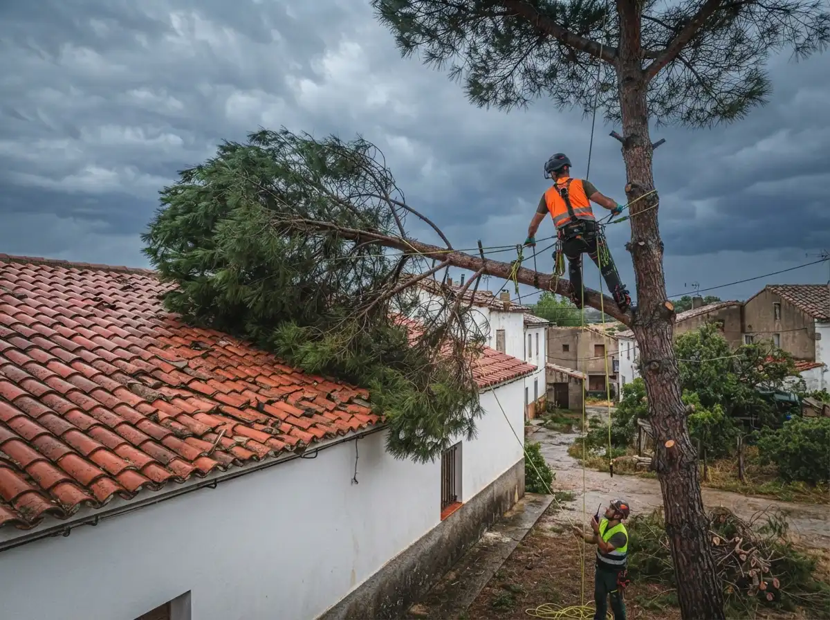 Arborista de emergencia asegurando con cuerda una rama pesada sobre el tejado de una casa tras una tormenta.